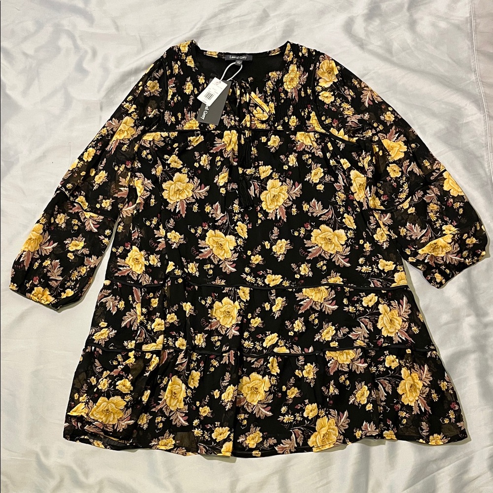 Laurel Grey Floral Long Sleeve Dress - Black Brown and Yellow Size Large NWT